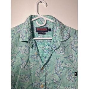 Vineyard Vines Shirt Men Large Blue Fish Linen Blend Wheeler Summer Party Casual